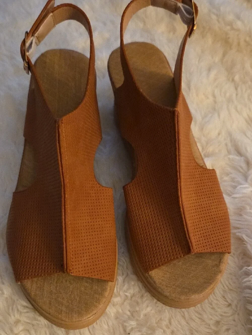 Women's Open-Toe Wedge Sandals in Cognac Tan - Adjustable Slingback